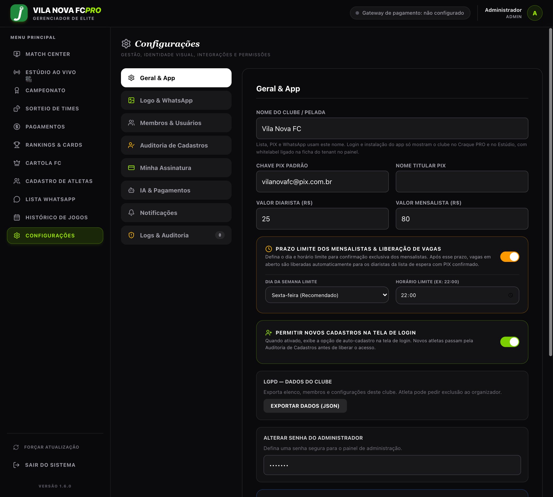 Tela de Configurações no joga PRO