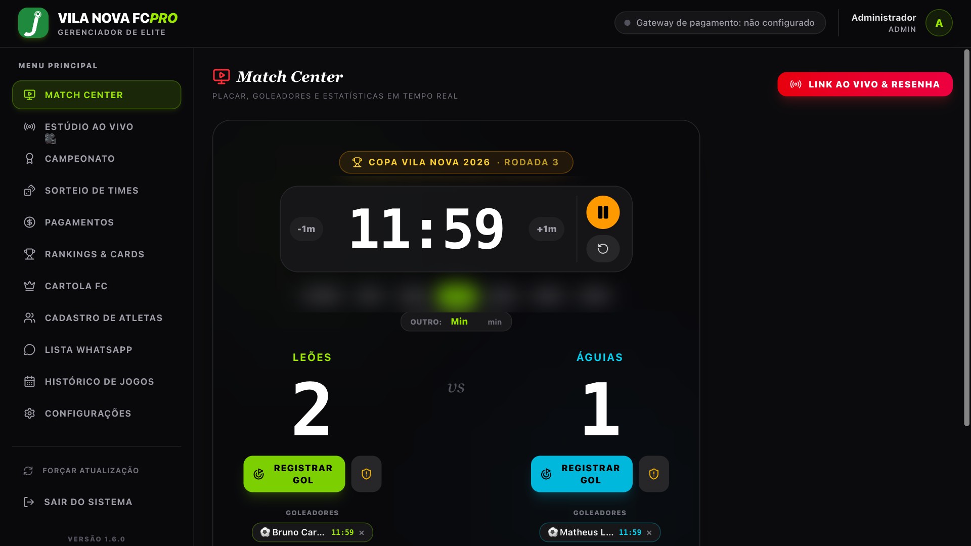 Tela de Match Center no joga PRO